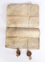 A Scottish 16th Century vellum deed, with two red wax seals attached, 31cm diameter