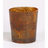 A Small 19th century American carved horn cup, depicting ships and American flags with a bald eagle,