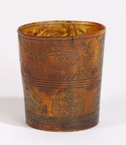 A Small 19th century American carved horn cup, depicting ships and American flags with a bald eagle,