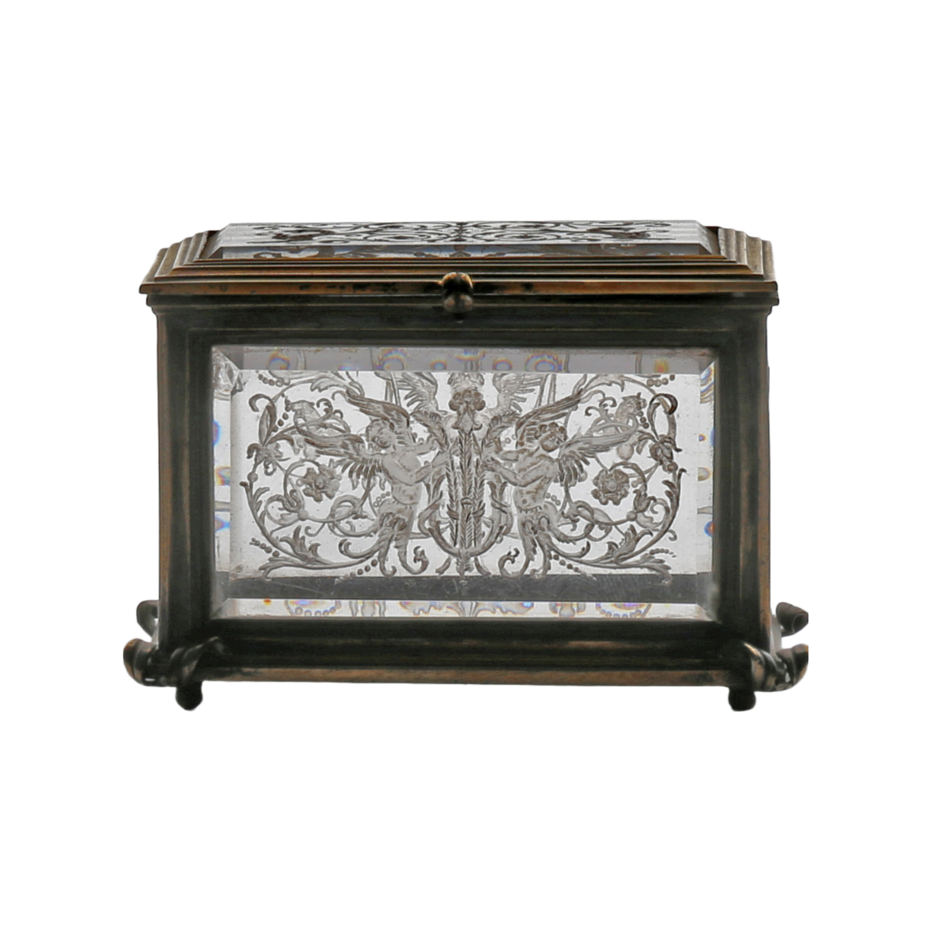 A 19th Century glass and gilt metal jewellery casket, the five bevelled glass panels with etched - Image 5 of 5
