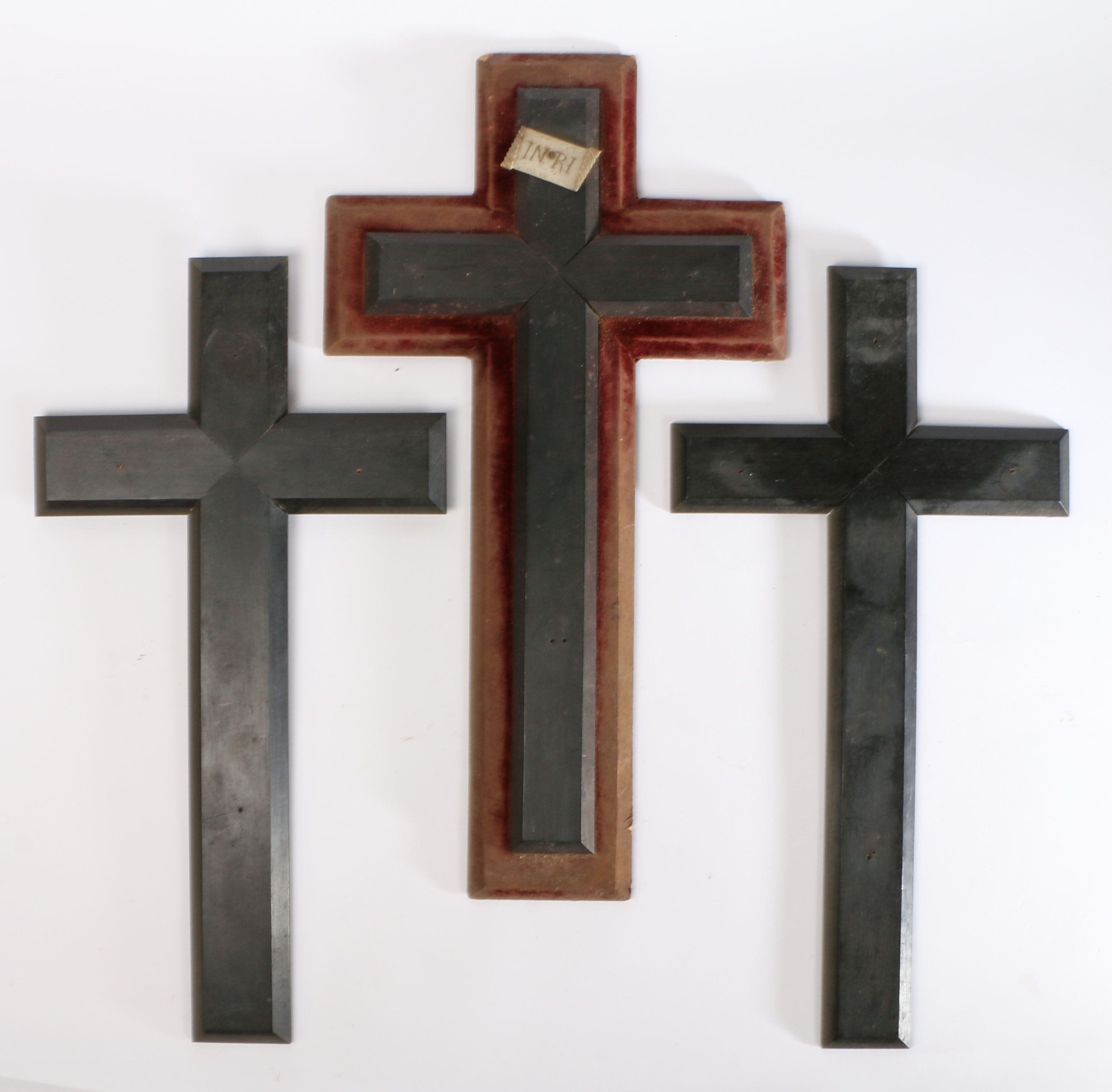 Three 19th century ebonised crosses, one having an "Emile Bouasse Jeune" label the reverse, the