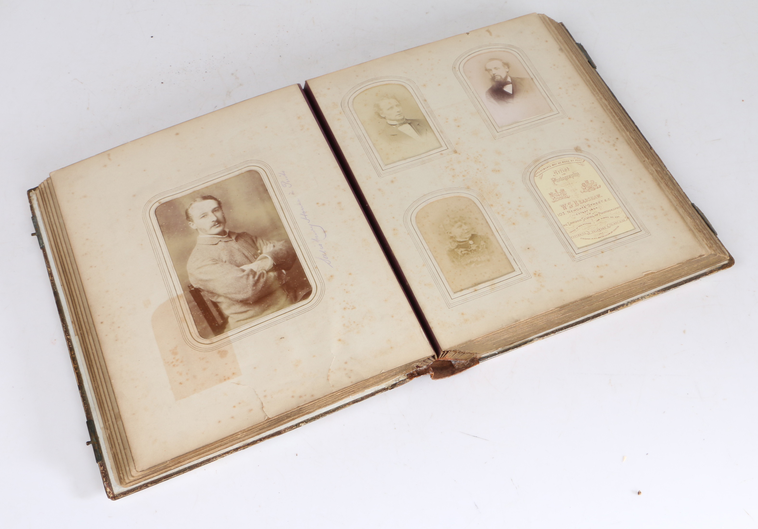 A Victorian Mother of pearl and abalone photograph album, enclosing many Victorian photographs, - Image 2 of 4