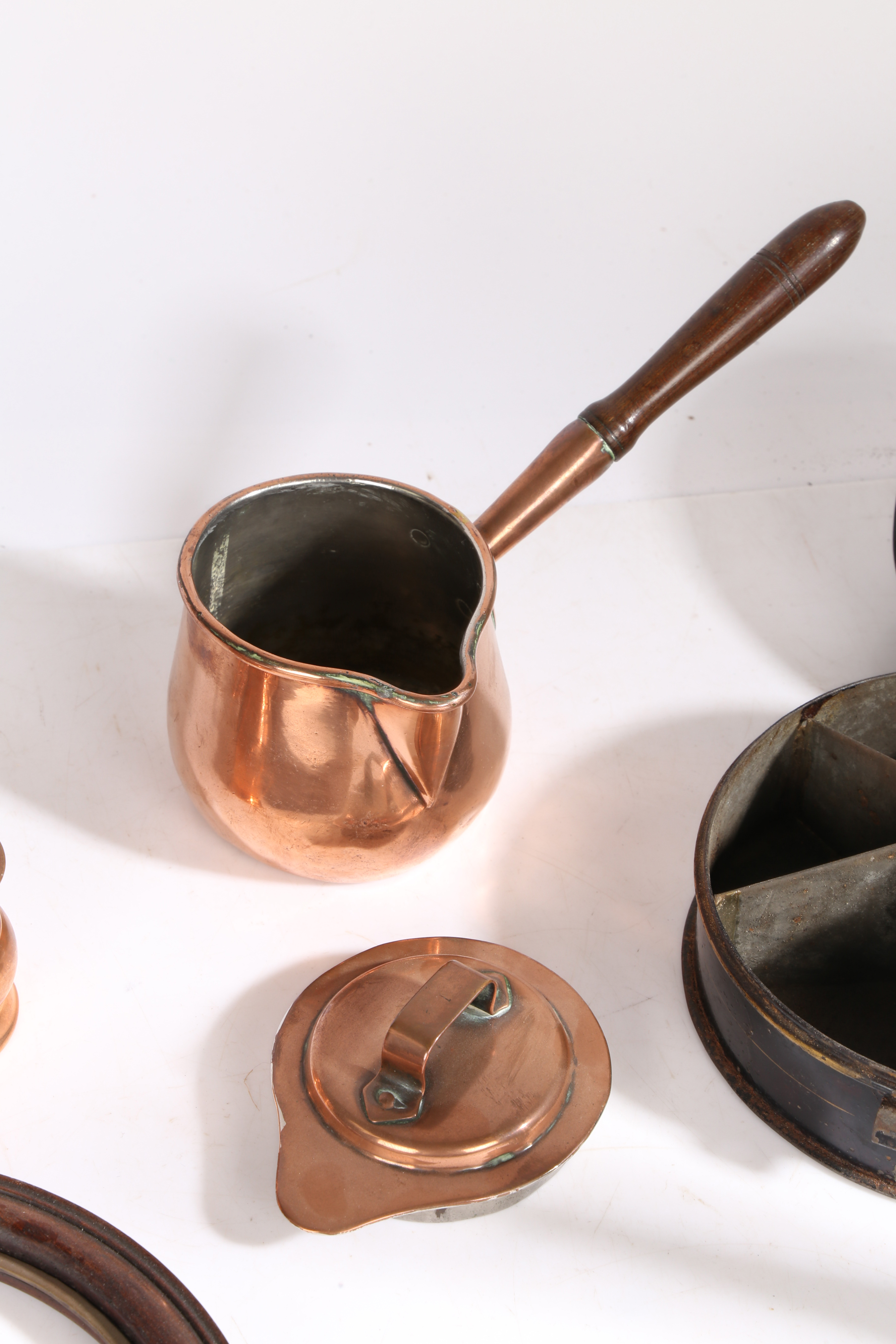 A collection of 19th Century and earlier metalware, to include a candlestick, three copper jugs, a - Bild 4 aus 6