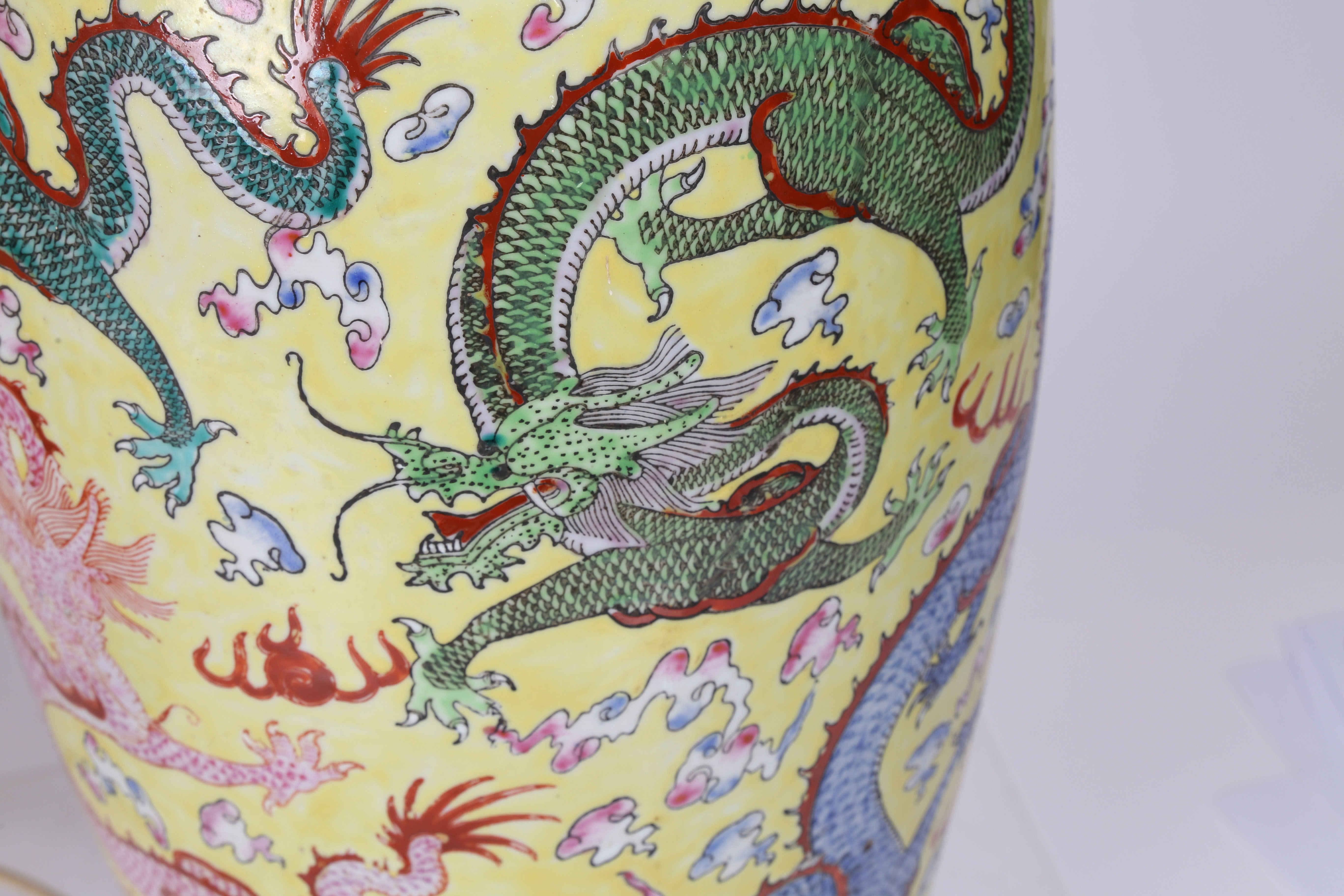 A Large pair of Chinese vases (converted into lamps), 20th century, having a yellow ground decorated - Image 7 of 7