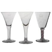 Three Whitefriars Coronation goblets, one Elizabeth II 1953 coronation having an engraved body above