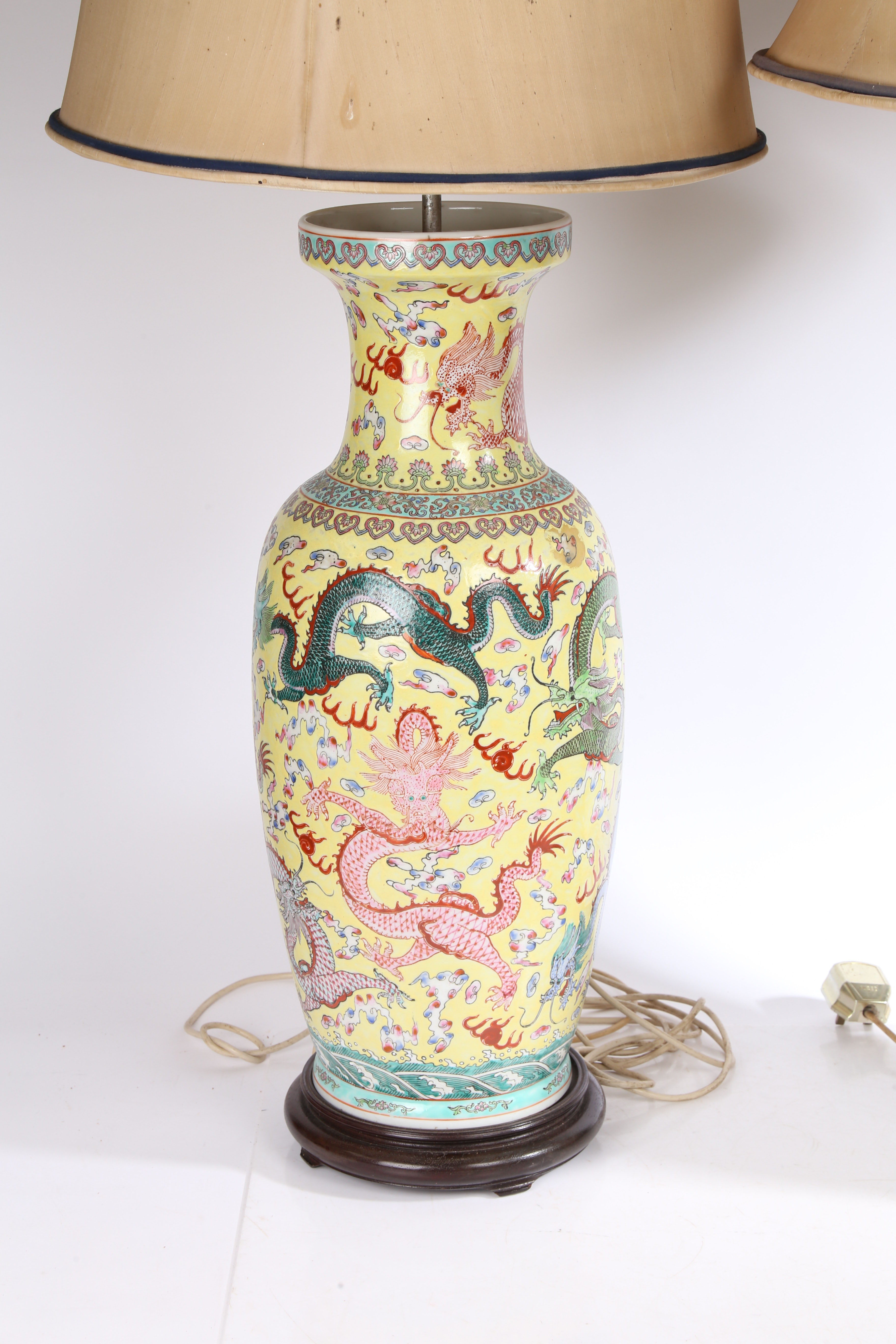 A Large pair of Chinese vases (converted into lamps), 20th century, having a yellow ground decorated - Image 2 of 7