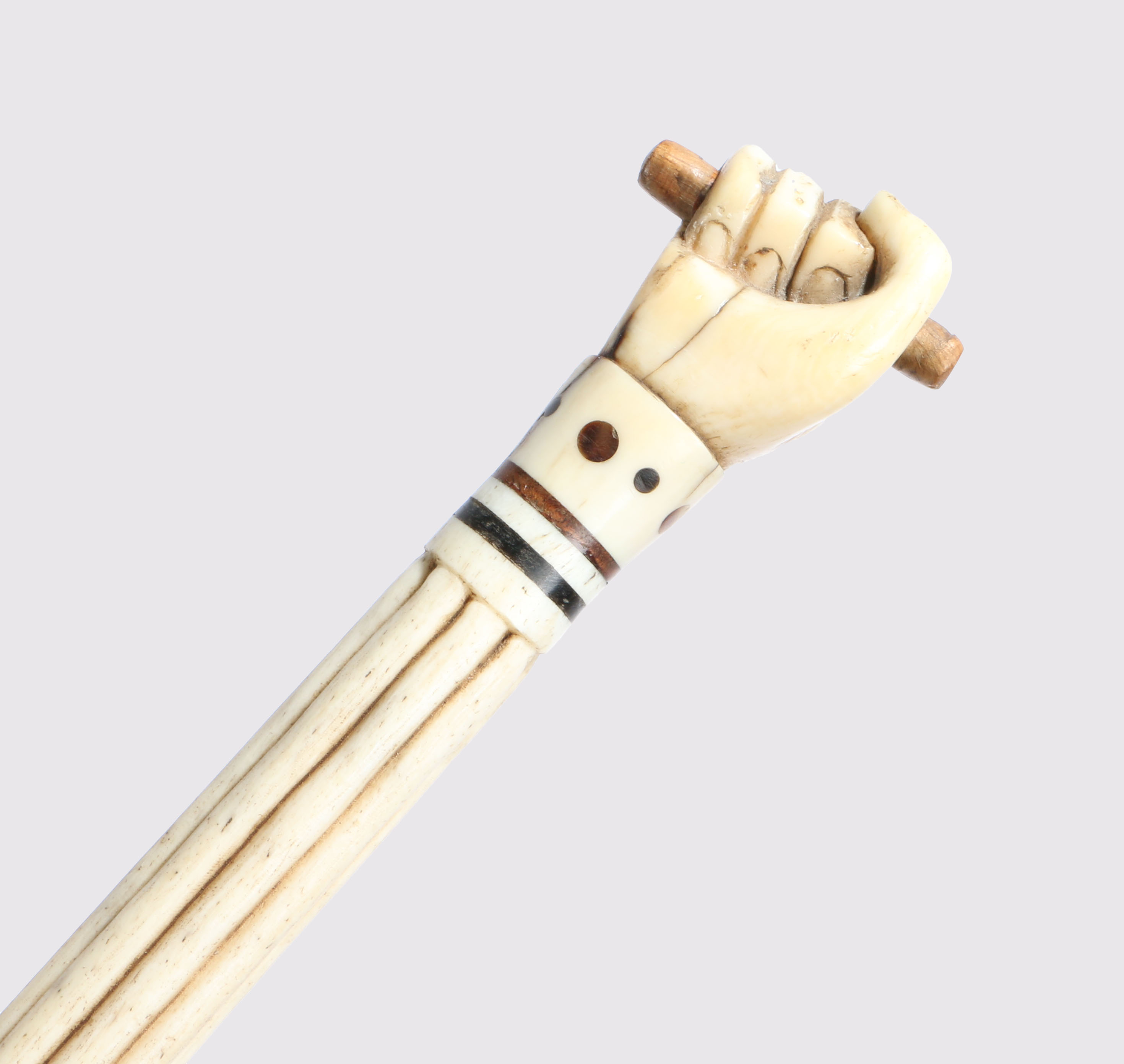 A George III whalebone and baleen walking stick, the handle in the form of a clenched fist holding a - Image 2 of 3