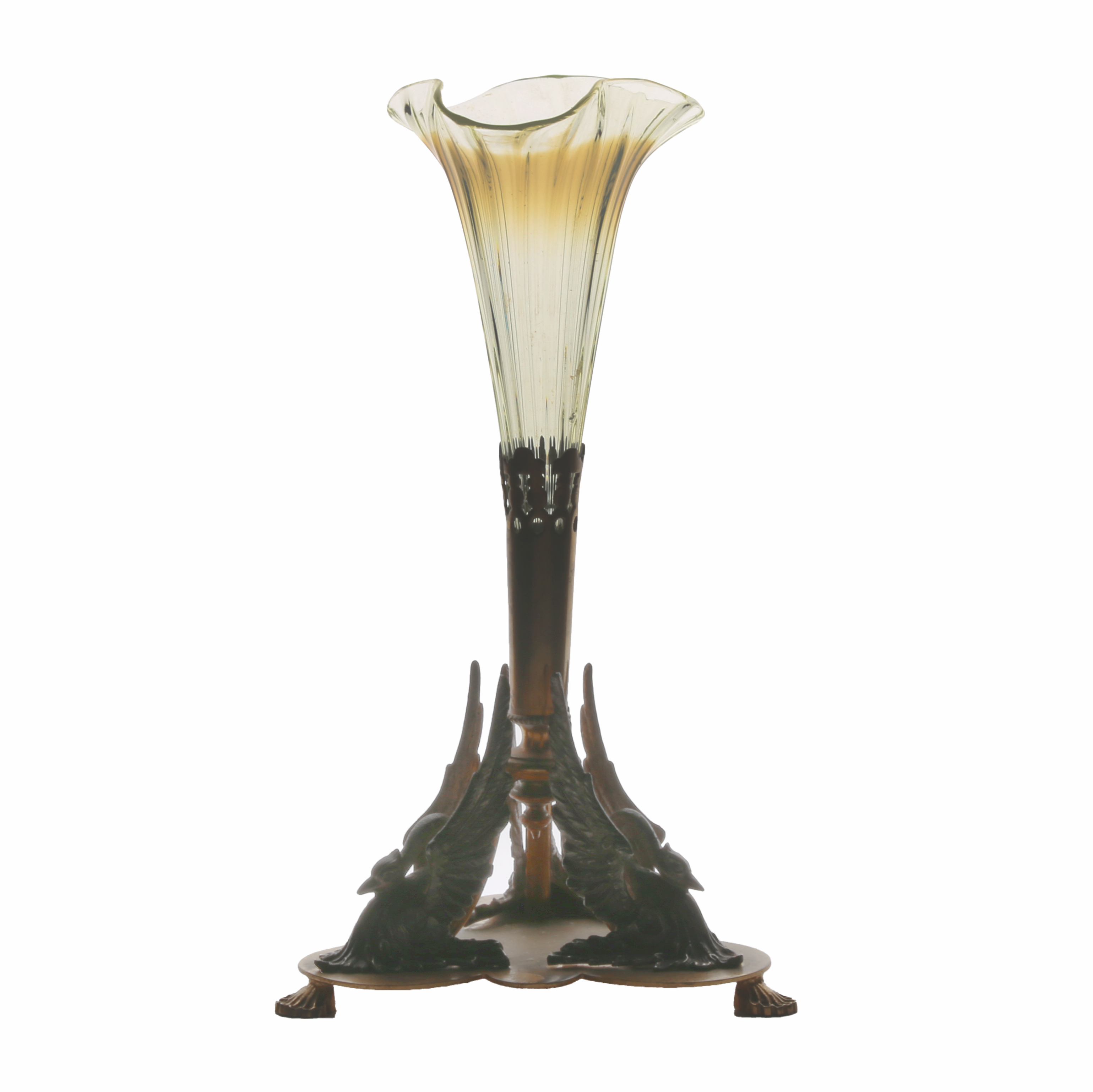 An 19th Century Solifeur vase, English circa 1870, with vaseline glass flute mounted in a brass