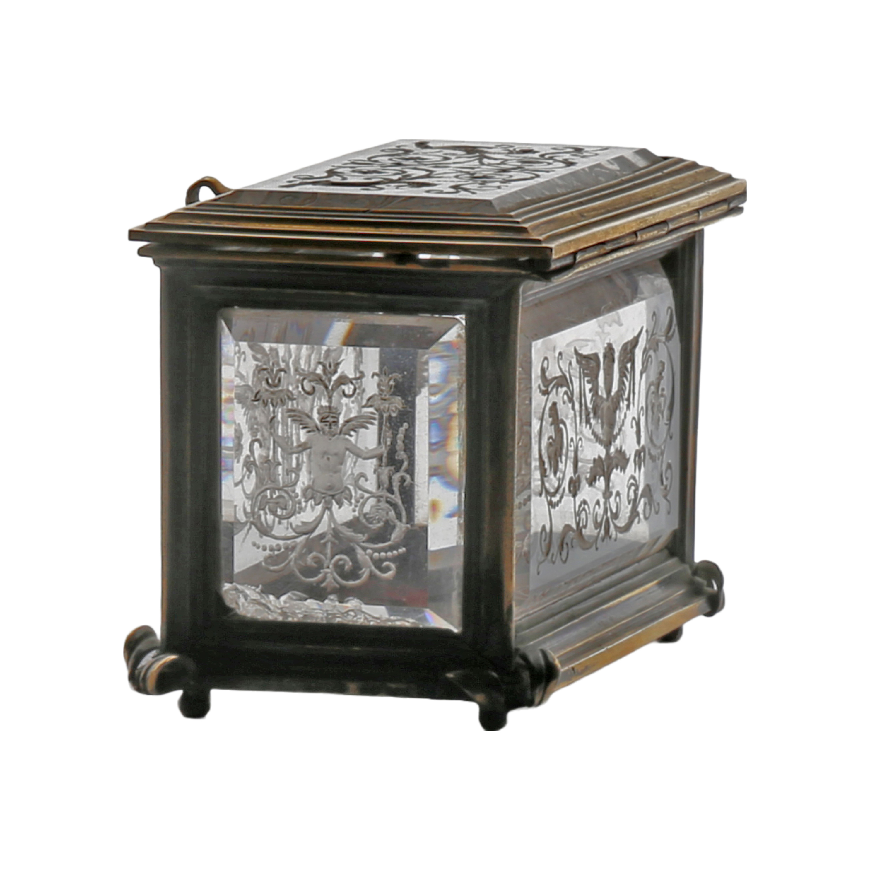 A 19th Century glass and gilt metal jewellery casket, the five bevelled glass panels with etched - Image 3 of 5