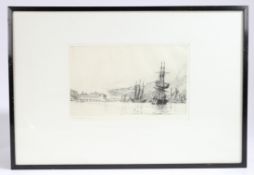 Harold Wyllie (British 1880-1973) "Harbor Scene with Sailing Ships" Etching, signed lower Left