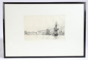 Harold Wyllie (British 1880-1973) "Harbor Scene with Sailing Ships" Etching, signed lower Left