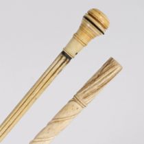 Two 19th century whalebone walkingsticks, one having a reeded and spiral carved column with a baleen