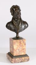A 19th century bronze bust of the Duke of Wellington, raised on a marble plinth, 24.5cm high