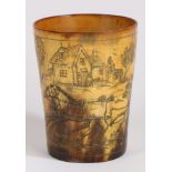 A 19th century Horn cup depicting a horse and cart travelling past a house, 10cm high