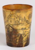 A 19th century Horn cup depicting a horse and cart travelling past a house, 10cm high