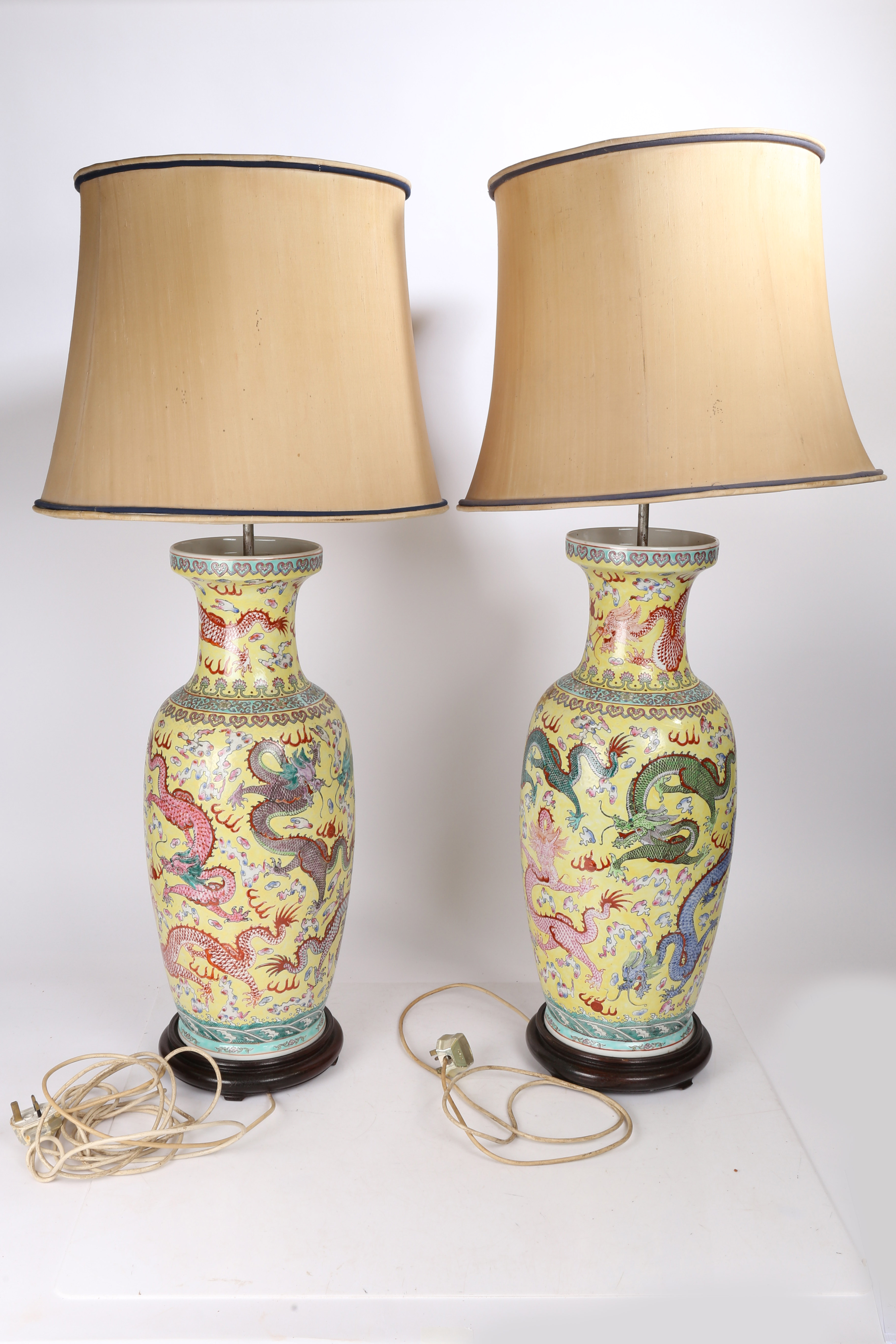 A Large pair of Chinese vases (converted into lamps), 20th century, having a yellow ground decorated - Image 5 of 7