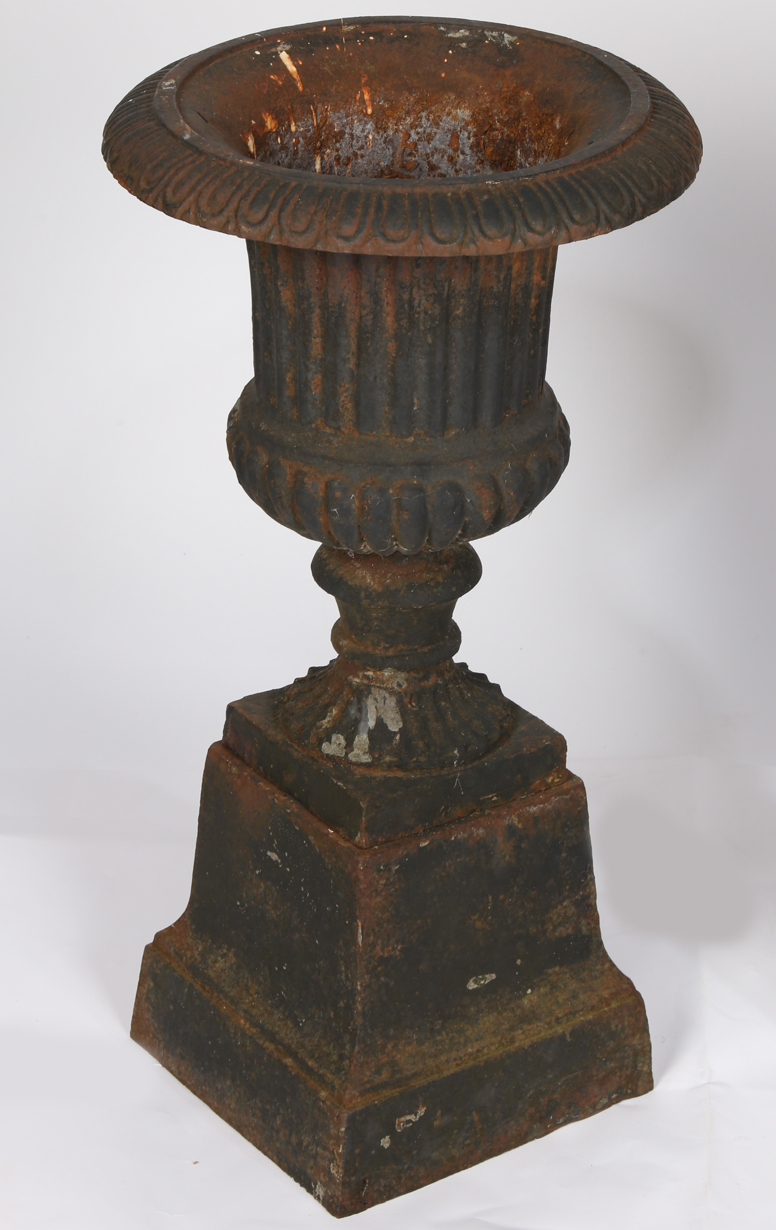 A pair of 19th century cast iron garden urns of campana form, having a frilled flange above a - Bild 2 aus 5