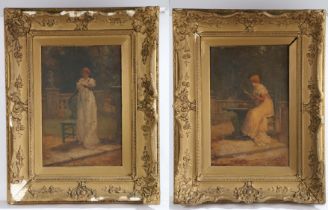 A Russell (British, 19th Century) Ladies in a Garden both signed, pair of oils on canvas 45 x