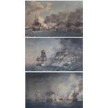 After Rosset 'Combat Naval a la Hauteur d'Ouessant' hand coloured engraving, c.1788 43 x 70cm (