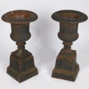 A pair of 19th century cast iron garden urns of campana form, having a frilled flange above a