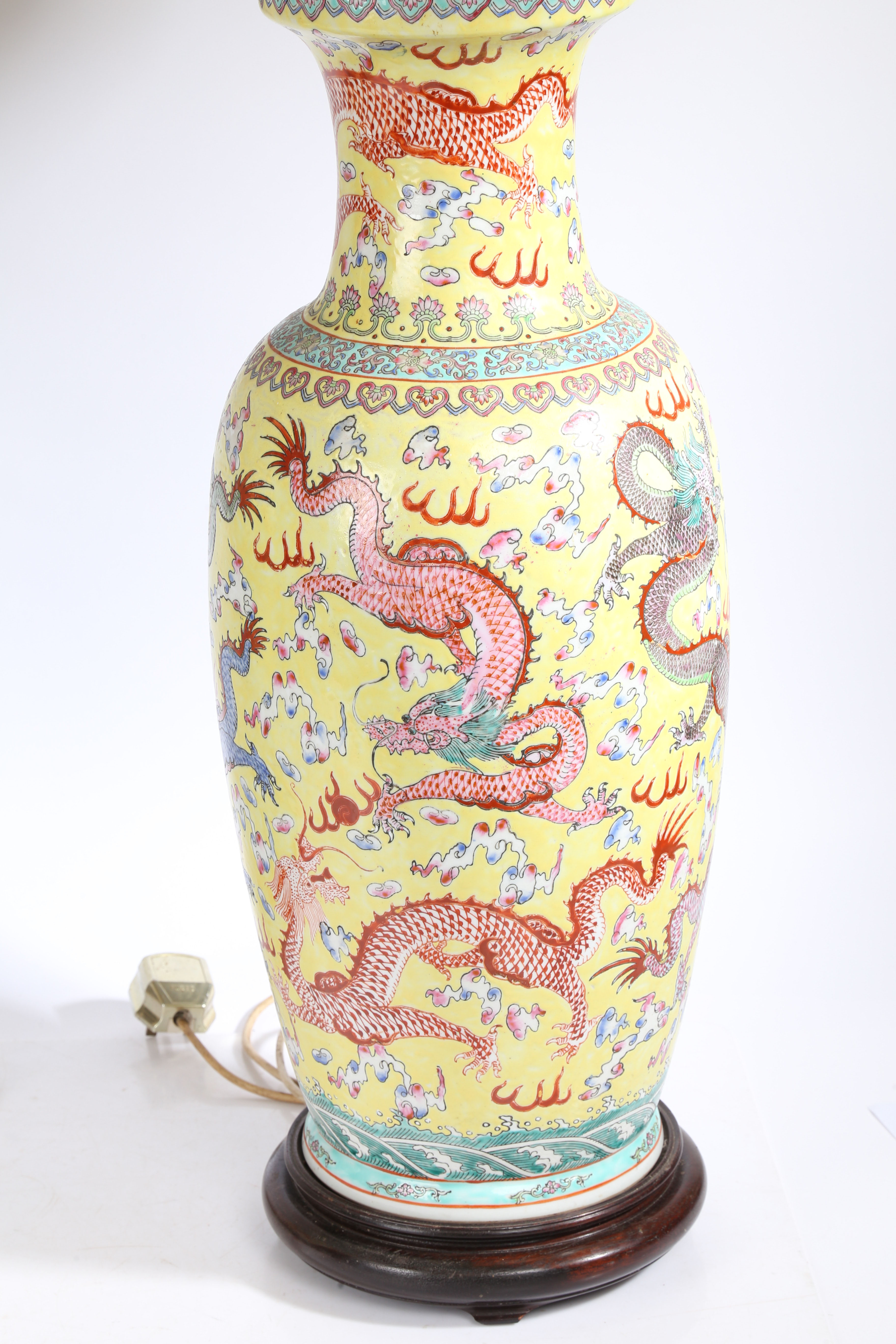 A Large pair of Chinese vases (converted into lamps), 20th century, having a yellow ground decorated - Image 3 of 7