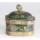 A 19th century panted lead tobacco jar, dated 1869 to the lid, and having a polychrome painted