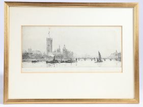 Rowland Langmaid (British 1897-1956) "View of the Houses of Parliament and Westminster" etching