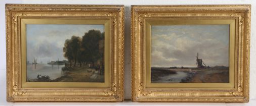 Dutch School (19th Century) River Scene with Windmill & Estuary with Figures pair of oils on board