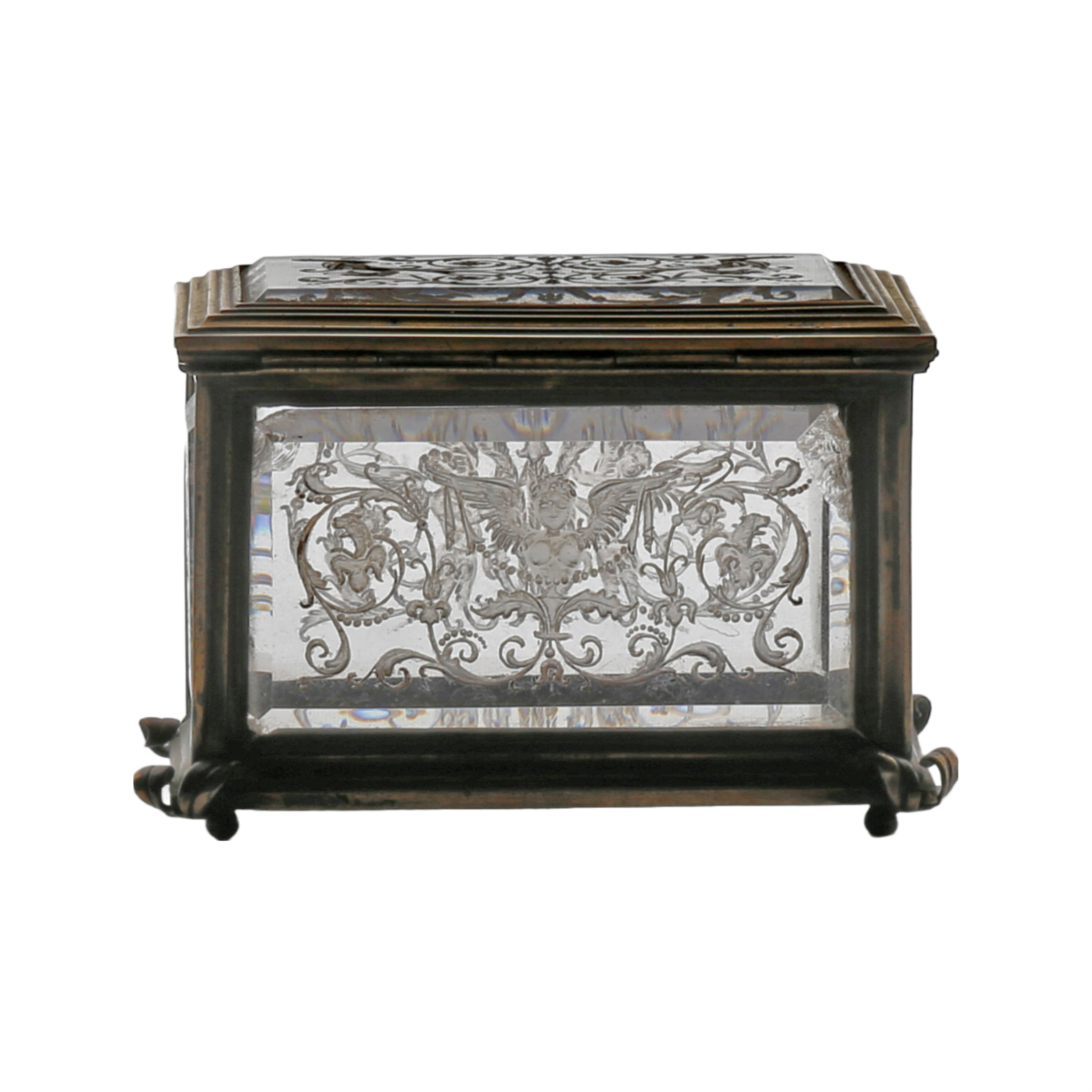 A 19th Century glass and gilt metal jewellery casket, the five bevelled glass panels with etched