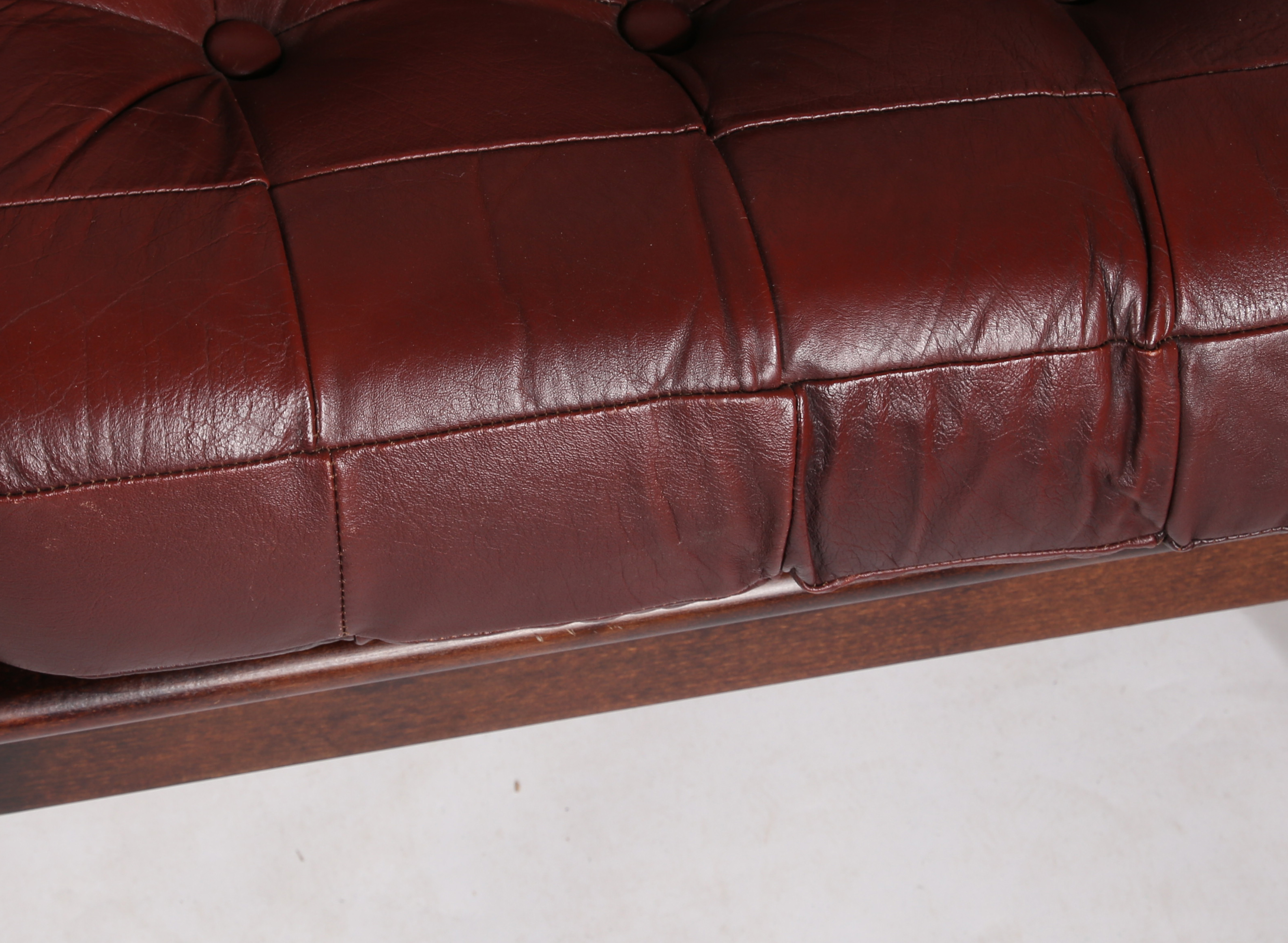 A mid 20th Century Scandinavian leather and bent wood three piece suite, comprising of a three - Image 9 of 10