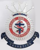 The Salvation Army "Blood And Fire" silver, red, and blue painted metal sign. The main crest