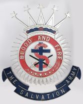 The Salvation Army "Blood And Fire" silver, red, and blue painted metal sign. The main crest