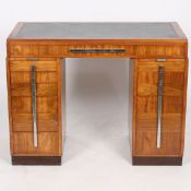 An Art Deco Walnut Ladies Writing desk with a green leather inset top, converted to a cocktail