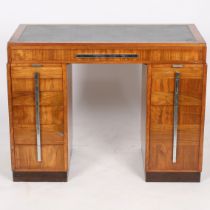 An Art Deco Walnut Ladies Writing desk with a green leather inset top, converted to a cocktail