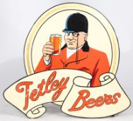 Tetley wooden advertising sign, featuring the Tetley Huntsman above "Tetley Beers" in red lettering,