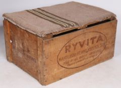 A pine storage box, circa 1930's, stamped "RYVITA MAKES YOU FIT AND KEEPS YOU SLIM SOLD BY ALL