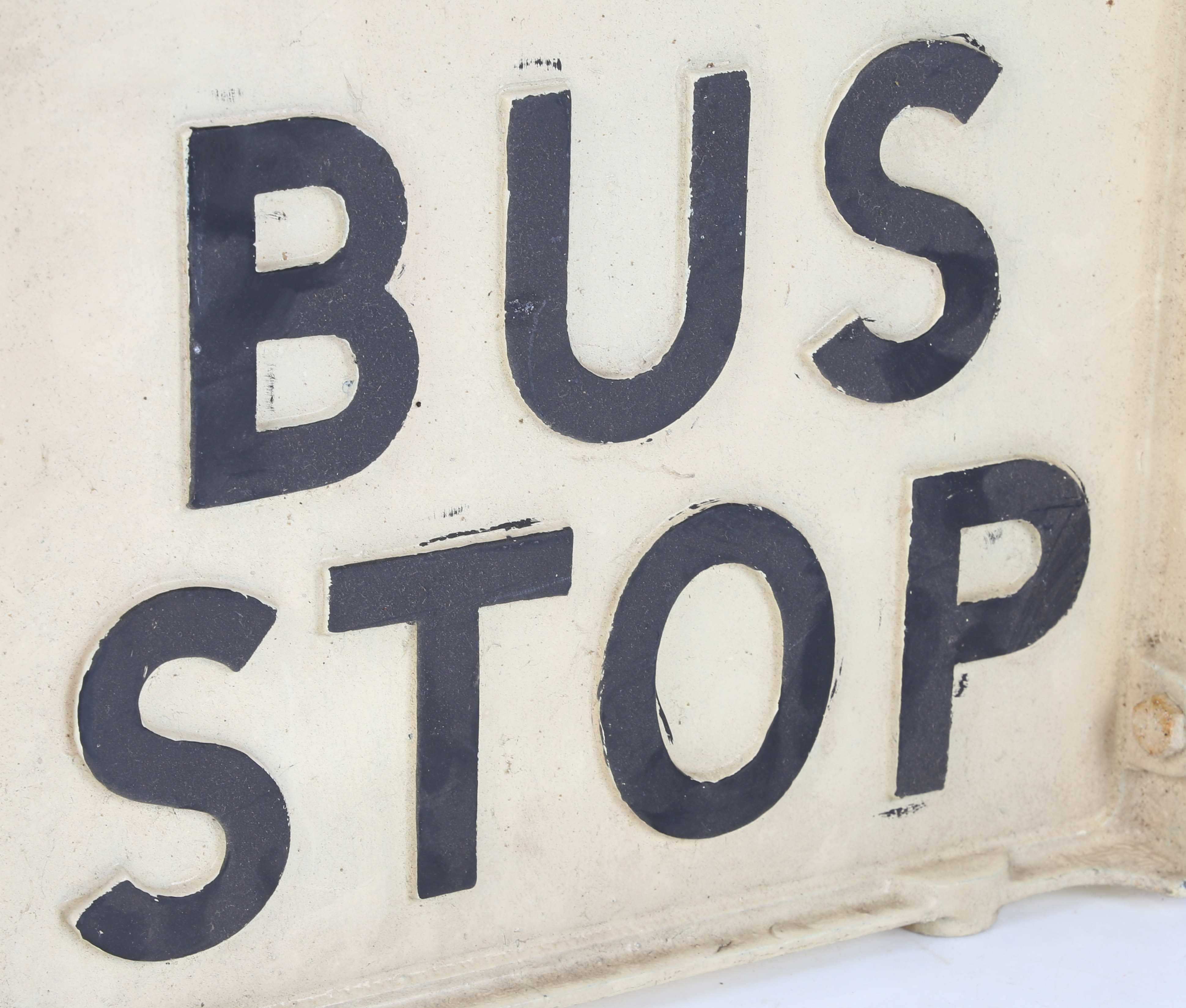 A painted metal bus stop sign "Request Bus Stop". The black lettering on a cream background, 31cm - Image 4 of 6