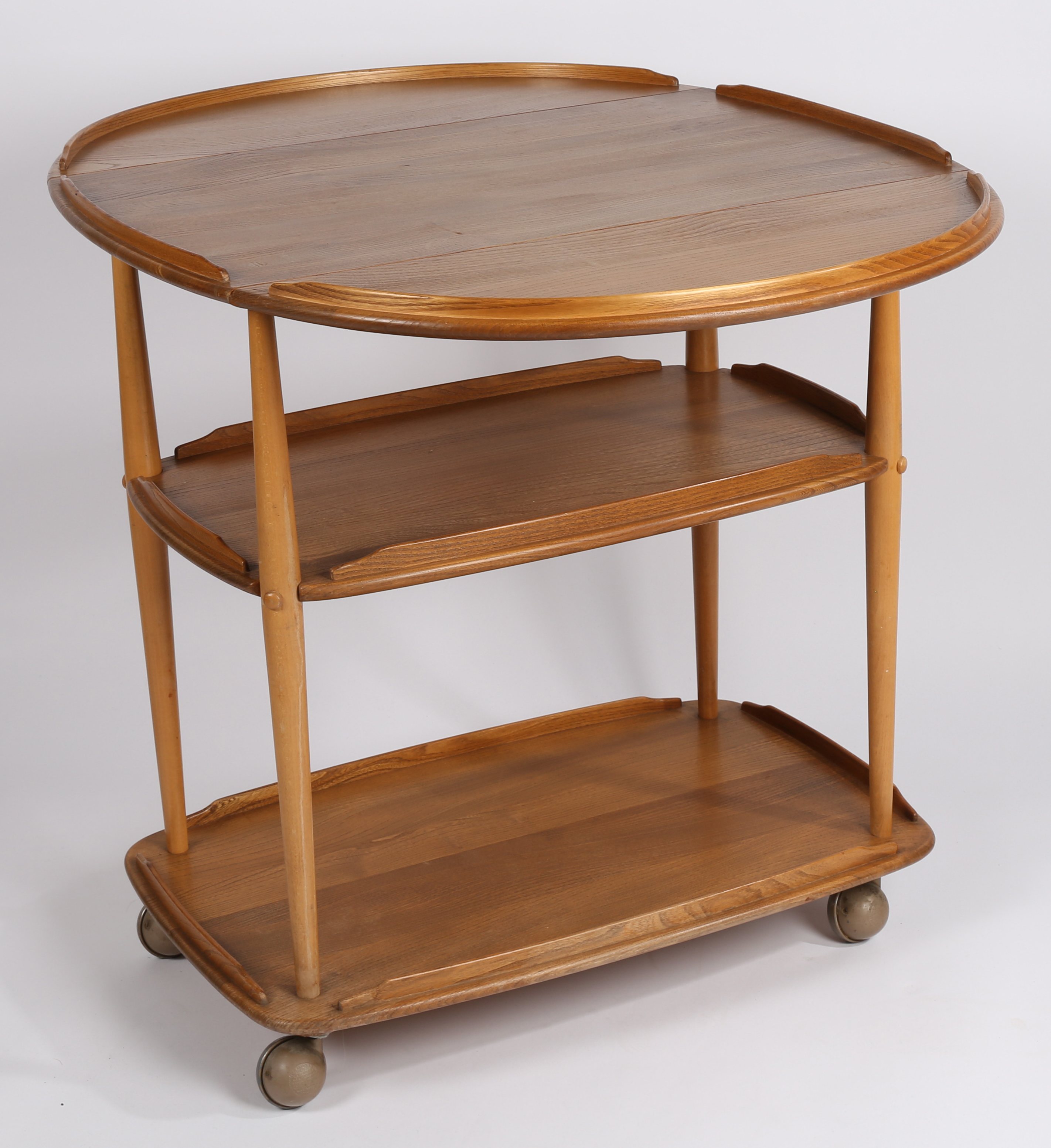 Ercol beech and elm three tier drop leaf serving trolley on castors, 77cm high, 75cm length, 96cm - Image 4 of 4
