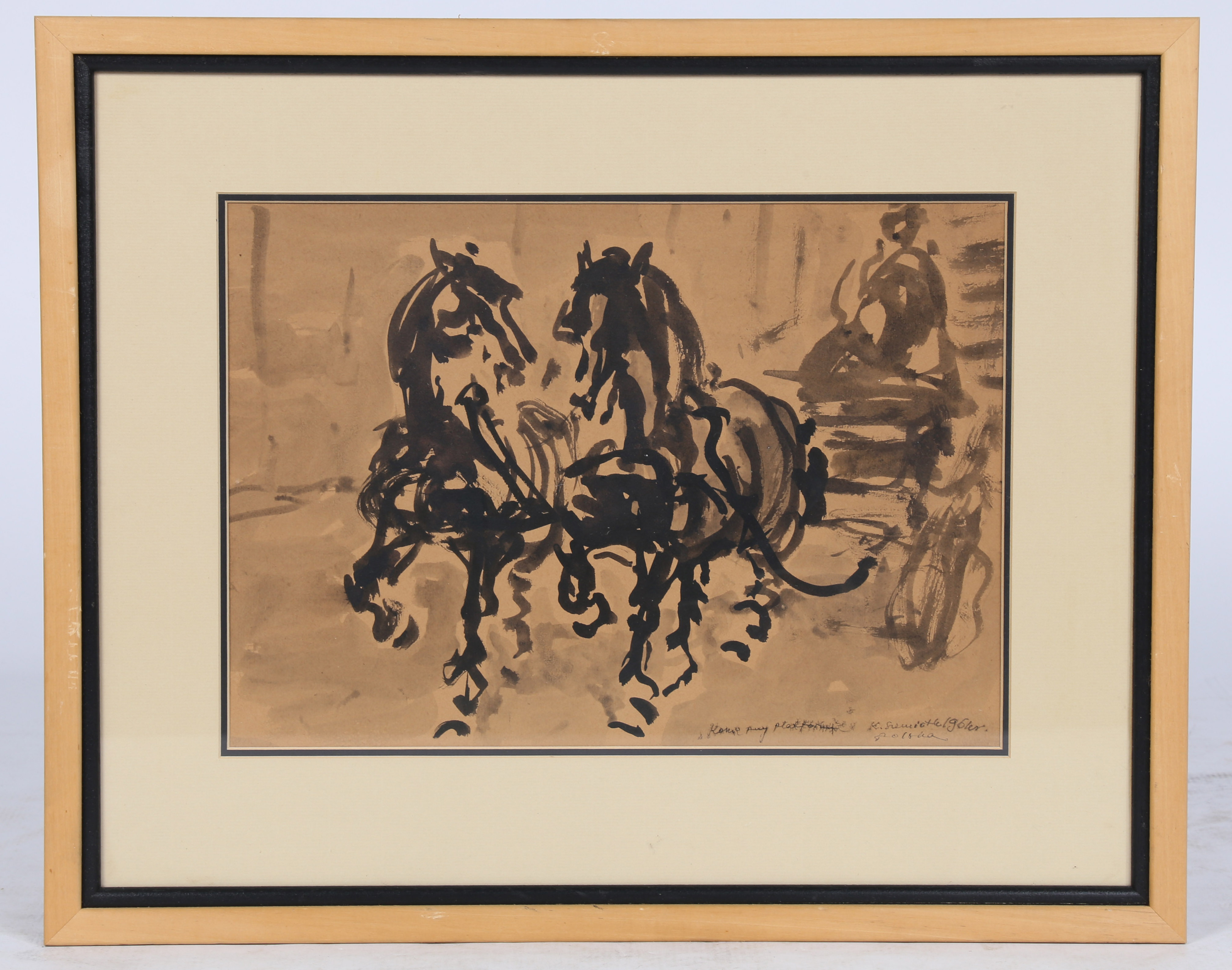 Kazimierz Szemioth (Polish, 1933-1985) Horses and Carriages two signed, group of three pen, ink