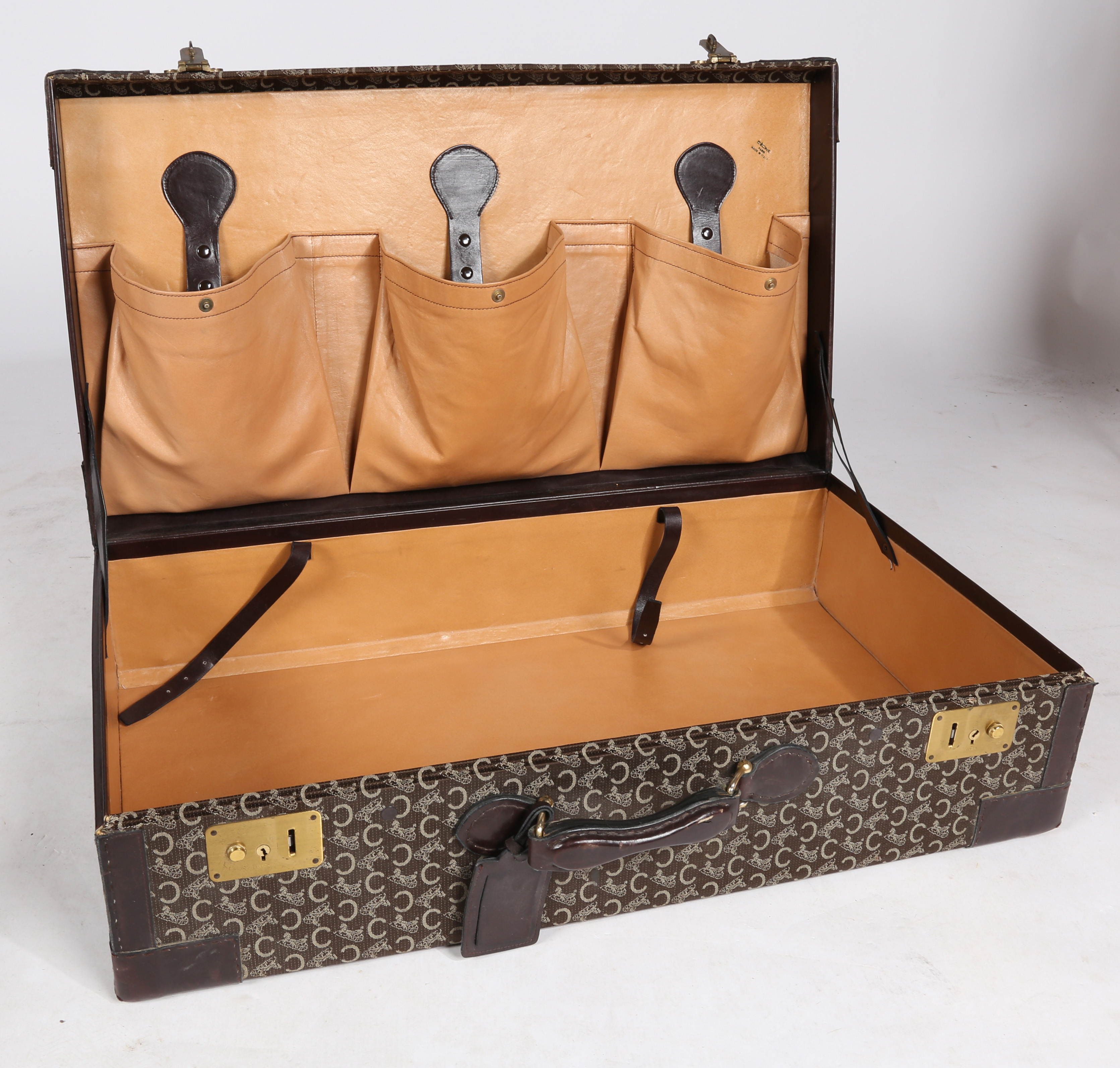 A vintage Celine "C" Macadam pattern, canvas and leather suitcase, together with vanity box. - Image 8 of 9