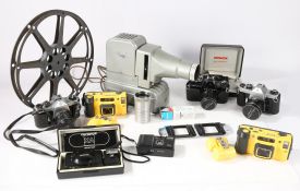 A collection of cameras. To include an Olympus XA with hard case and A11 flash, Minox 35ML with