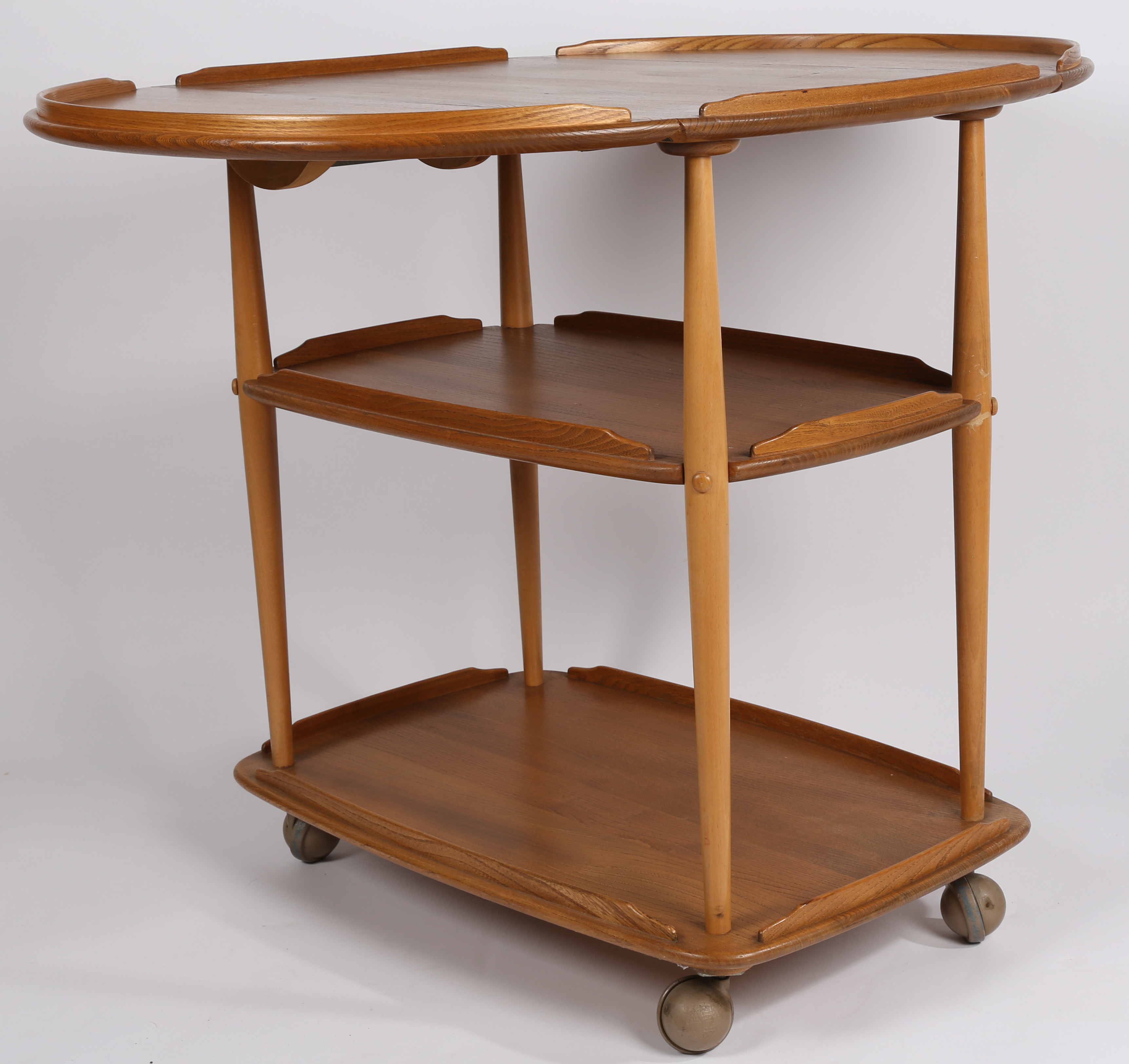 Ercol beech and elm three tier drop leaf serving trolley on castors, 77cm high, 75cm length, 96cm - Image 2 of 4