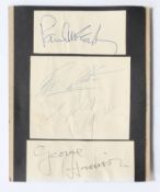 The Beatles. All four Beatles autographs over three pieces of paper, mounted on black card. Signed
