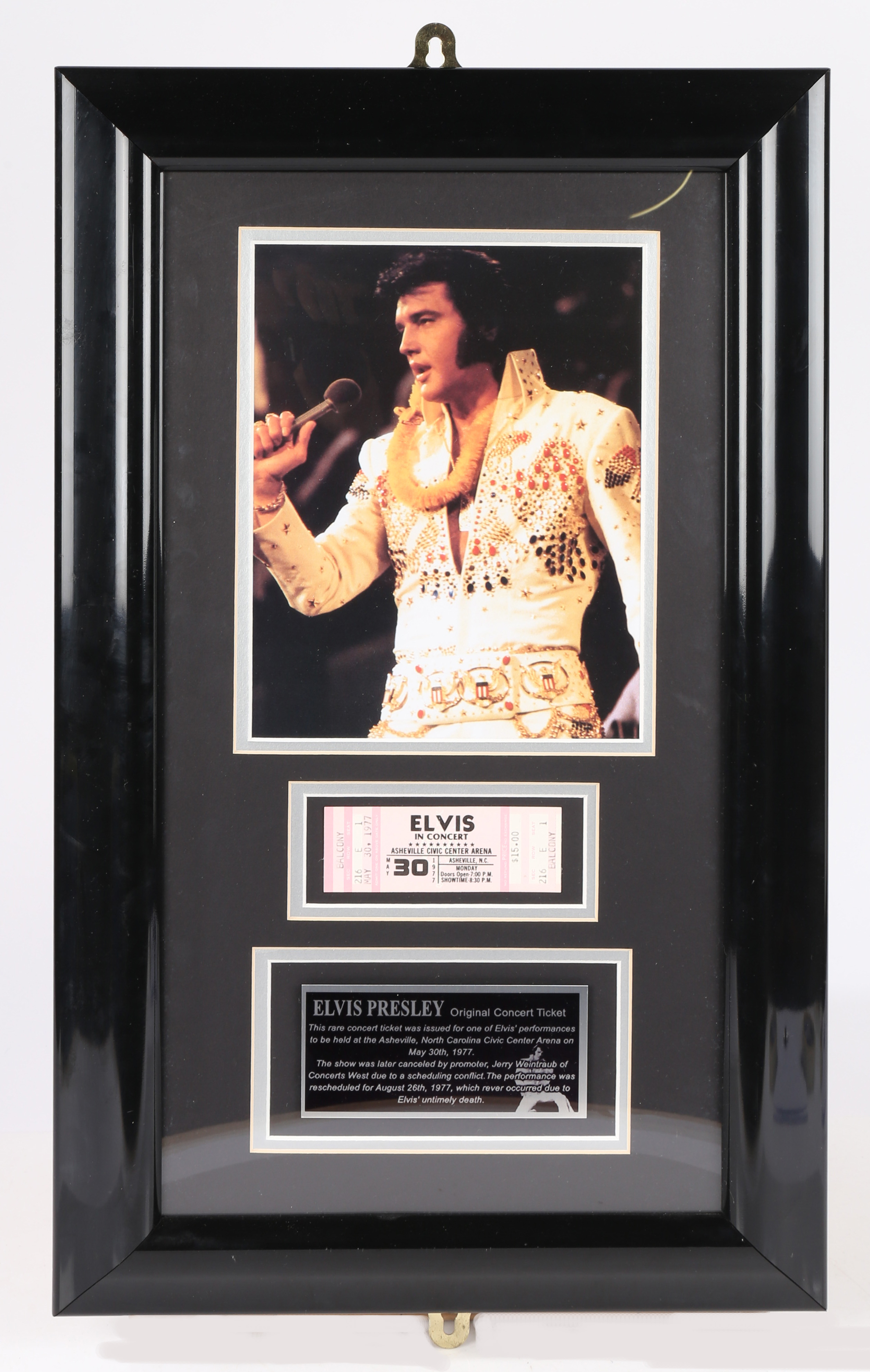 "Elvis In Concert" framed original concert ticket, cancelled due to his death.