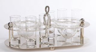 A chrome plated cocktail stand/ shot glass display. Six shot glasses and two finger bowls held in