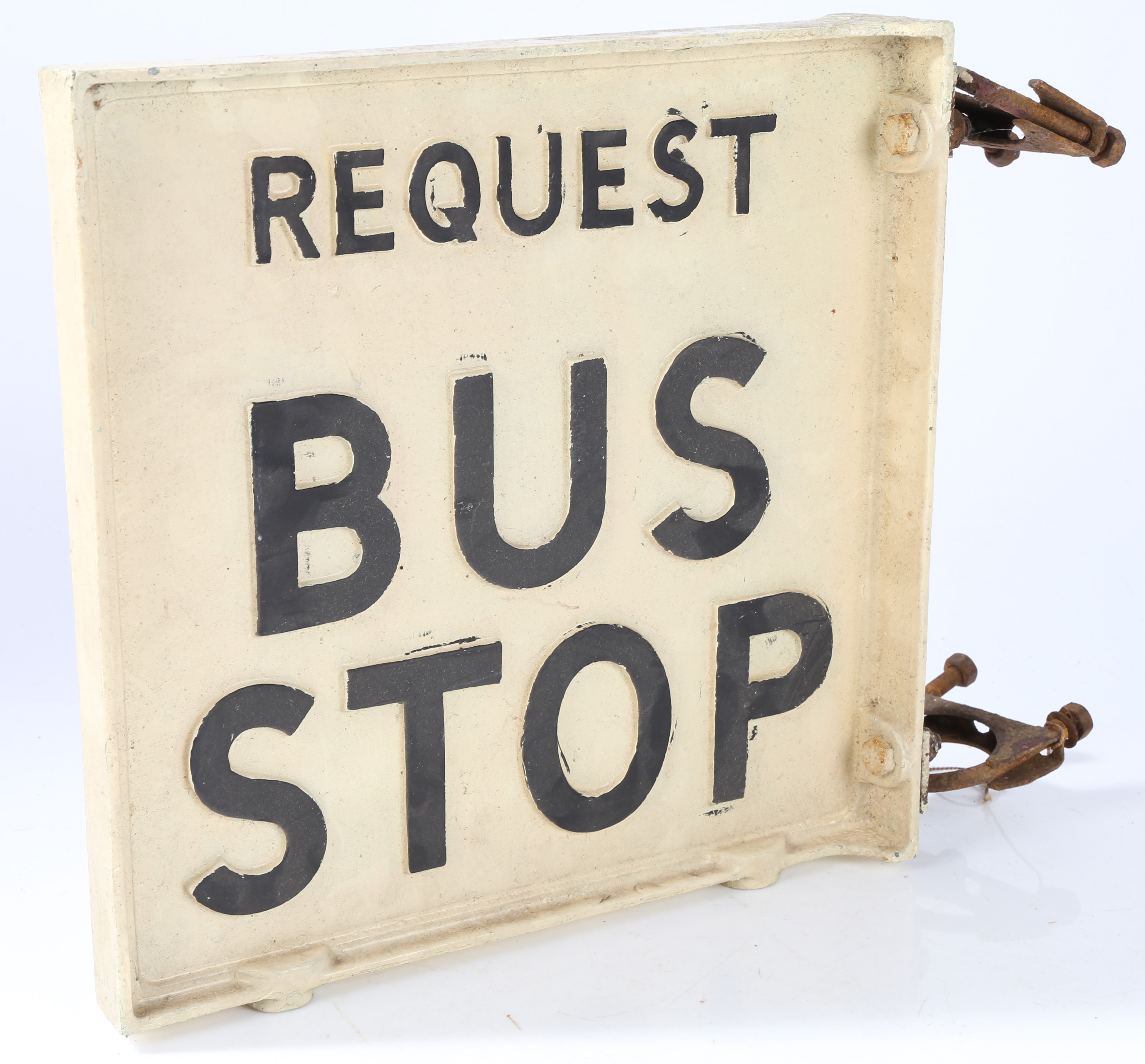 A painted metal bus stop sign "Request Bus Stop". The black lettering on a cream background, 31cm - Image 6 of 6