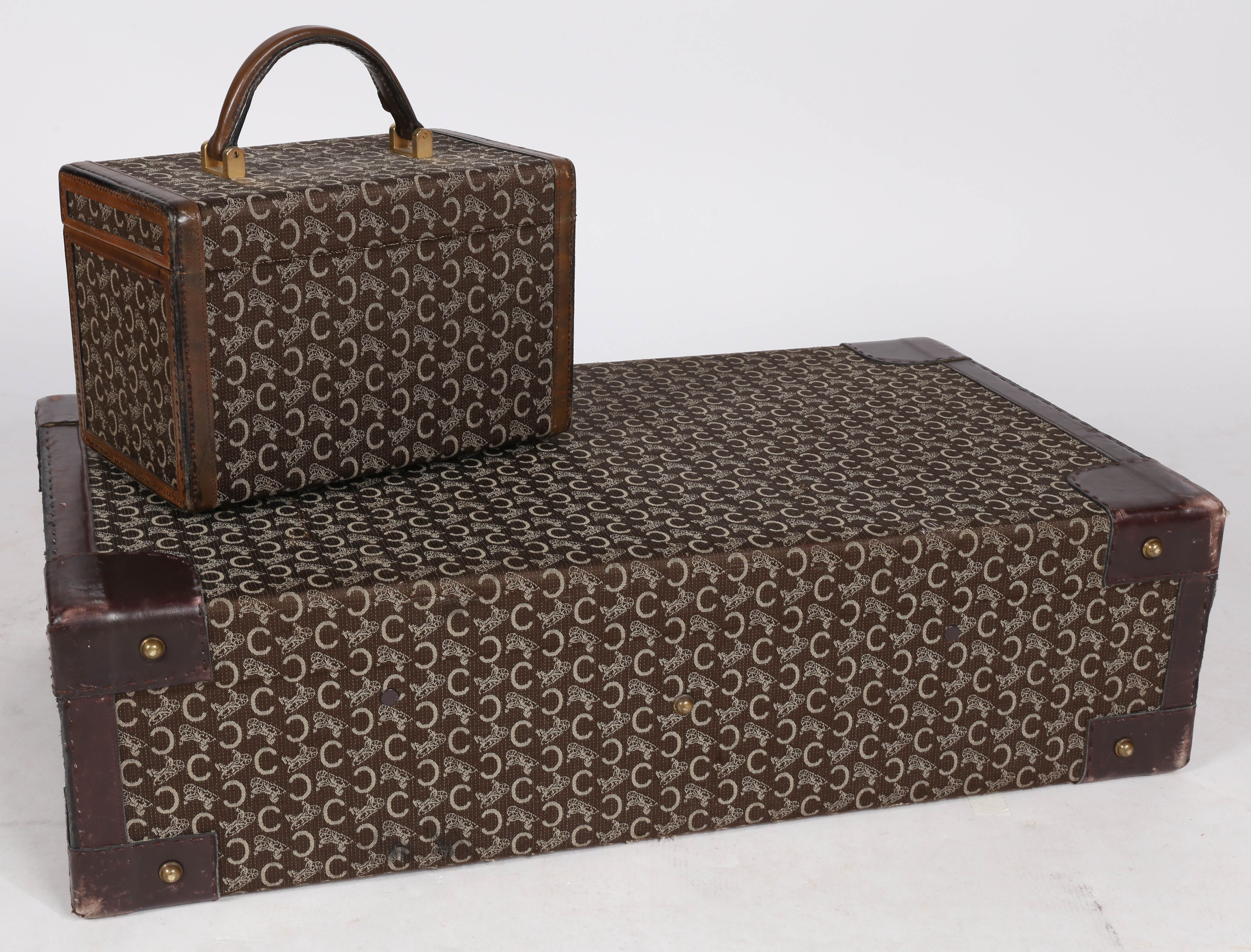 A vintage Celine "C" Macadam pattern, canvas and leather suitcase, together with vanity box. - Image 4 of 9