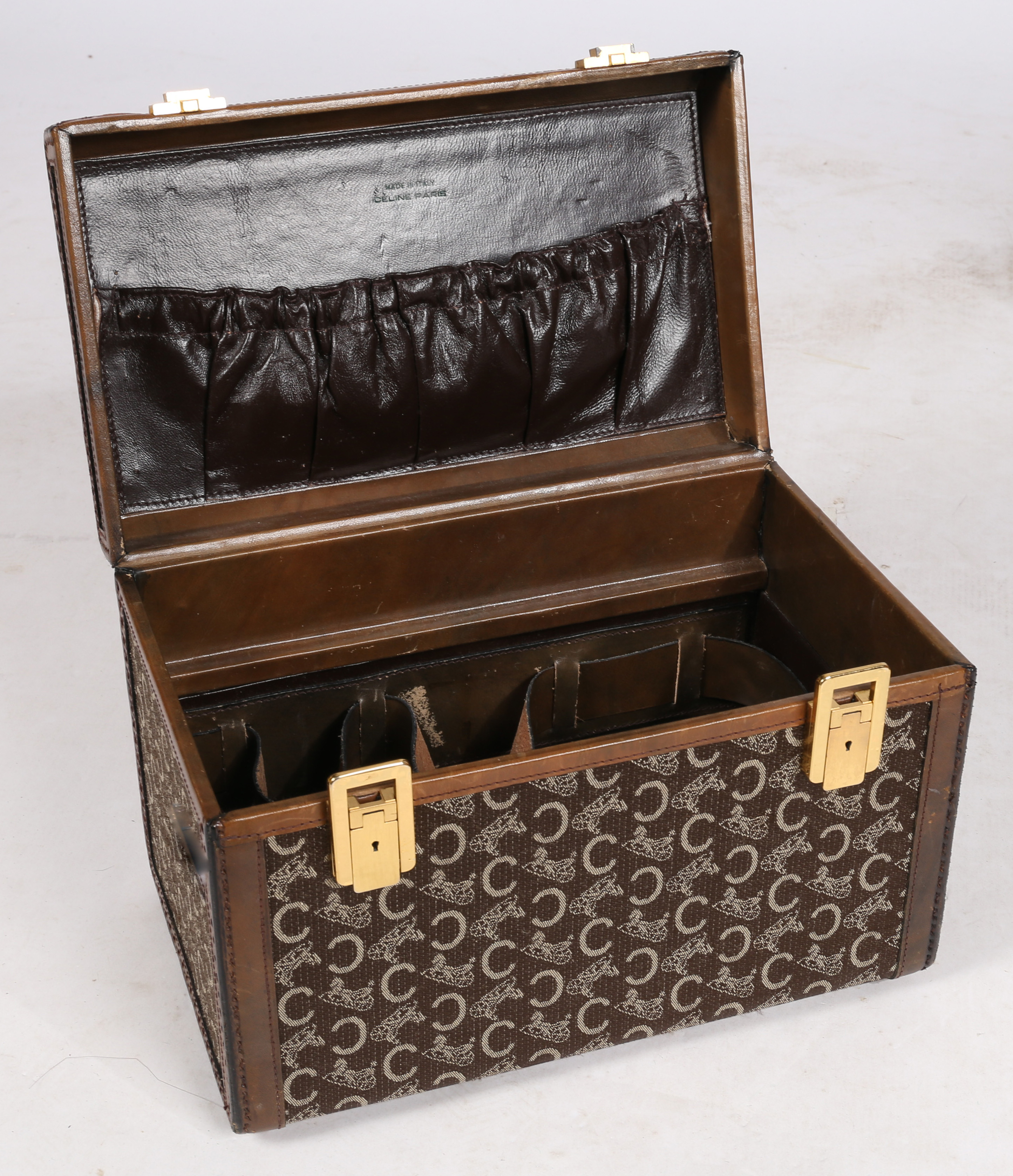 A vintage Celine "C" Macadam pattern, canvas and leather suitcase, together with vanity box. - Image 6 of 9