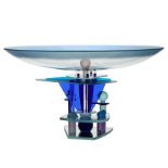 A post modernist Murano glass table centre piece, circa 1985, architectural form with a wide blue