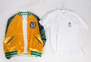 A Baseball or "Letter" jacket in yellow and green with embroidered name tag to the breast and "